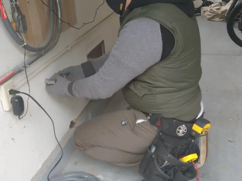 Electrician performing outlet wiring in a Huntington Park garage